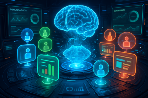 A glowing holographic brain hovers at the center of a futuristic control room, surrounded by digital icons of people, graphs, and demographic charts, symbolizing artificial intelligence analyzing human data and demographics.