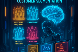 Futuristic graphic with neon outlines showing customer segmentation. Four segments: purchase frequency, engagement, loyalty rewards, churn risk. A robot and digital brain symbolize analysis. Screens display "Loyalty Rewards," "Risky Sell," and "Churn Segmentation.