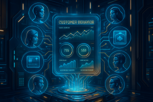 A futuristic digital interface analyzes customer behavior, displaying charts and data. Six human profiles, three male and three female, surround the display, connected by glowing lines. Icons represent notifications and shopping, all set in a blue, tech-inspired environment.