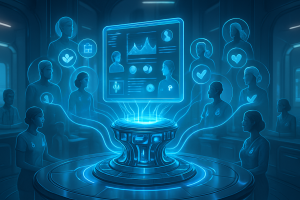 A glowing holographic screen displays data charts and avatars in a futuristic room. People in uniform surround it, with light connecting them to the display, symbolizing teamwork, technology, and digital collaboration in a high-tech workspace.