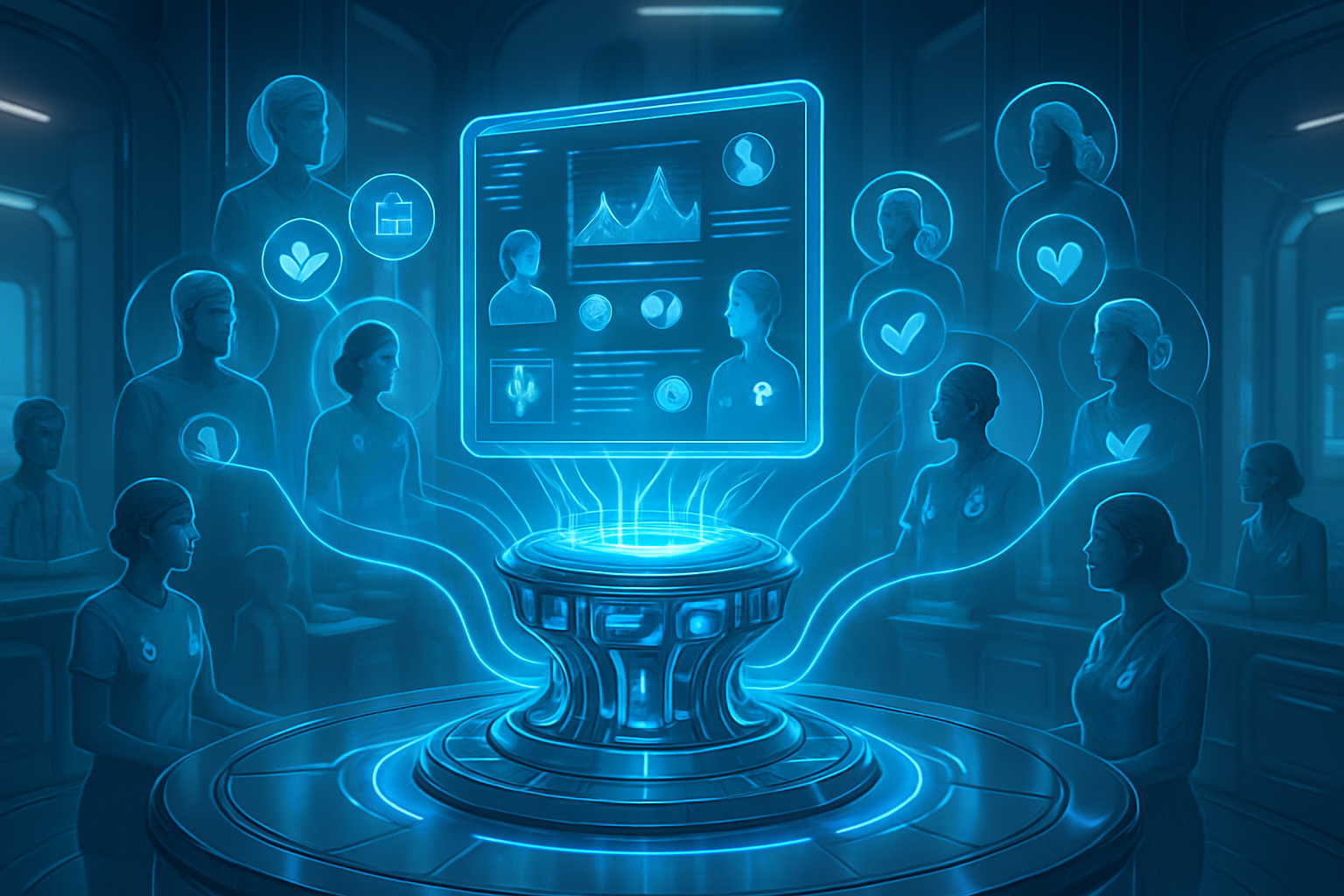 A glowing holographic screen displays data charts and avatars in a futuristic room. People in uniform surround it, with light connecting them to the display, symbolizing teamwork, technology, and digital collaboration in a high-tech workspace.