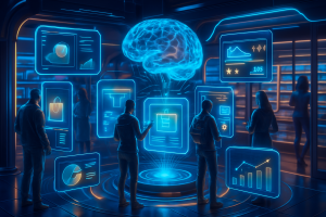 Five people interact with floating digital screens around a glowing, holographic brain in a futuristic room. The blue-toned screens display graphs, charts, shopping icons, and user interfaces, symbolizing artificial intelligence and data analysis.