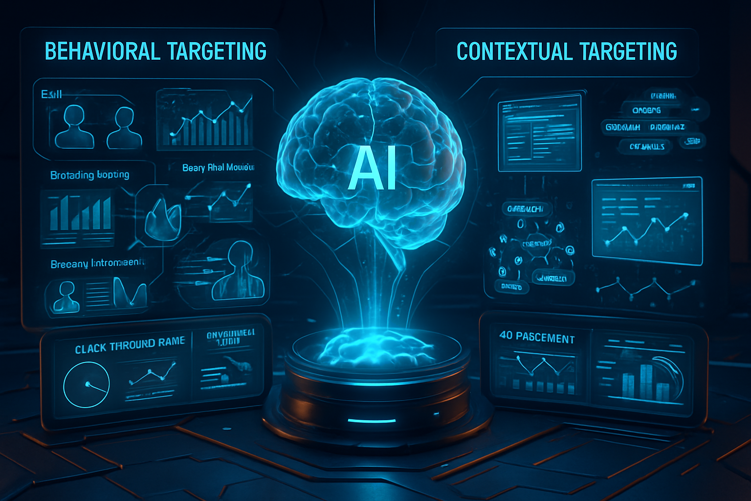 Futuristic digital image shows a glowing blue AI brain hologram between two panels labeled “Behavioral Targeting” and “Contextual Targeting,” each displaying charts, graphs, and data visualizations, symbolizing AI-driven data analysis and marketing strategies.