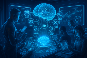 Four people work on laptops and tablets in a dark, high-tech room. A glowing, blue digital brain floats in the center, with icons and lines connecting to it, symbolizing data, messaging, and communication. Graphs and screens surround the workspace.