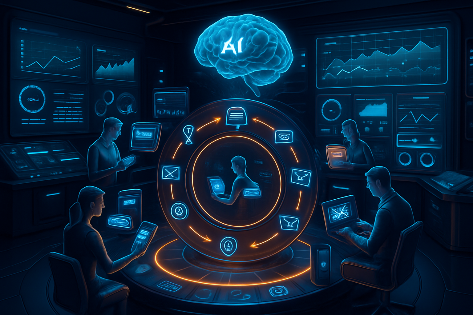 Four people work on laptops and tablets in a dark, high-tech control room filled with data screens. At the center, a glowing circular interface displays digital icons, and a holographic AI brain hovers above, symbolizing artificial intelligence coordination.