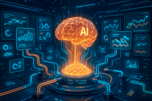 A glowing orange brain with "AI" on it is at the center of a futuristic lab, connected to screens and machines by neon blue and orange cables. Digital displays around the room show graphs and data, symbolizing artificial intelligence and advanced technology.