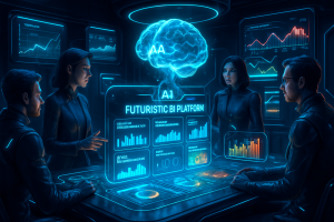 Four people in dark, futuristic outfits sit around a glowing digital table displaying charts and “FUTURISTIC BI PLATFORM.” A holographic brain labeled “AI” floats above, with data visuals and graphs on surrounding screens, suggesting advanced analytics and artificial intelligence.