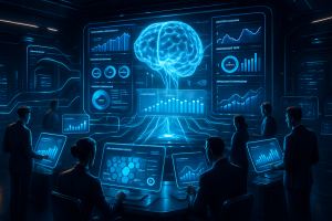 In a dark, high-tech room, people sit at glowing desks, analyzing data on screens. A large holographic brain hovers at the center, surrounded by futuristic digital charts and graphs, symbolizing artificial intelligence and data analysis.