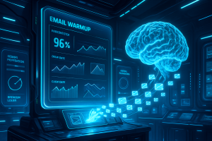 A futuristic, neon-lit control room features a holographic blue brain connected to a digital screen. The screen displays “Email Warmup,” graphs, and statistics. Glowing email icons flow between the brain and the screen, symbolizing AI-driven email analysis.