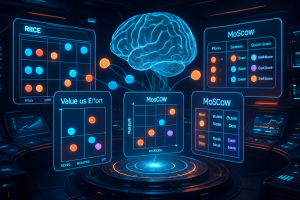 A glowing digital brain is at the center, connected to floating transparent screens displaying colorful project management matrices such as MoSCoW and RIICE. The background features a futuristic control room with blue and orange neon lighting.