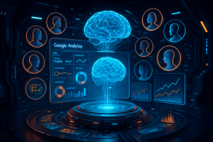 A digital illustration shows two glowing blue brains connected to futuristic data screens, charts, and user profiles. Orange and blue lines link floating avatar silhouettes. The scene suggests artificial intelligence, data analysis, and networked information in a high-tech setting.