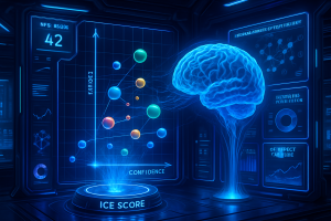 A glowing blue digital brain is displayed next to a futuristic 3D graph with colored spheres, axes labeled “Confidence” and “Score,” and the term “ICE SCORE.” The background features various sci-fi data panels and holographic charts.