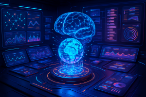 A glowing digital brain hovers above a holographic Earth in a futuristic control room. Surrounding screens display colorful data charts, graphs, and notifications, all in blue and red neon tones, symbolizing artificial intelligence analyzing global information.