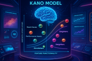 A futuristic infographic of the Kano Model features a glowing brain above a curved graph, with axes labeled "Customer Satisfaction" and "Feature Functionality." Colored spheres mark categories: Must-Haves, Performance Needs, Delighters, and Disatisfiers. Neon charts surround the scene.