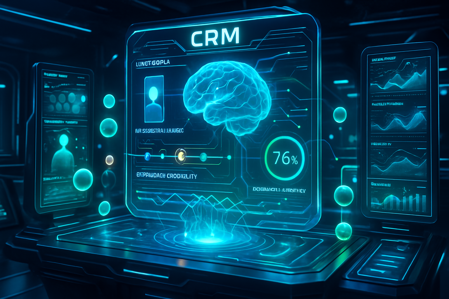 A futuristic digital interface labeled "CRM" displays a glowing brain image, user profile, and data charts. Multiple holographic screens show analytics and progress bars in a high-tech, blue-lit environment, suggesting advanced AI and data analysis.