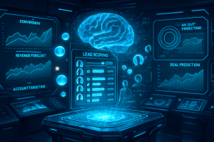 A glowing digital brain floats above a futuristic console in a dark room with holographic screens displaying charts, graphs, and terms like "Lead Scoring" and "Deal Prediction." Silhouettes of two people stand amid floating interface elements.