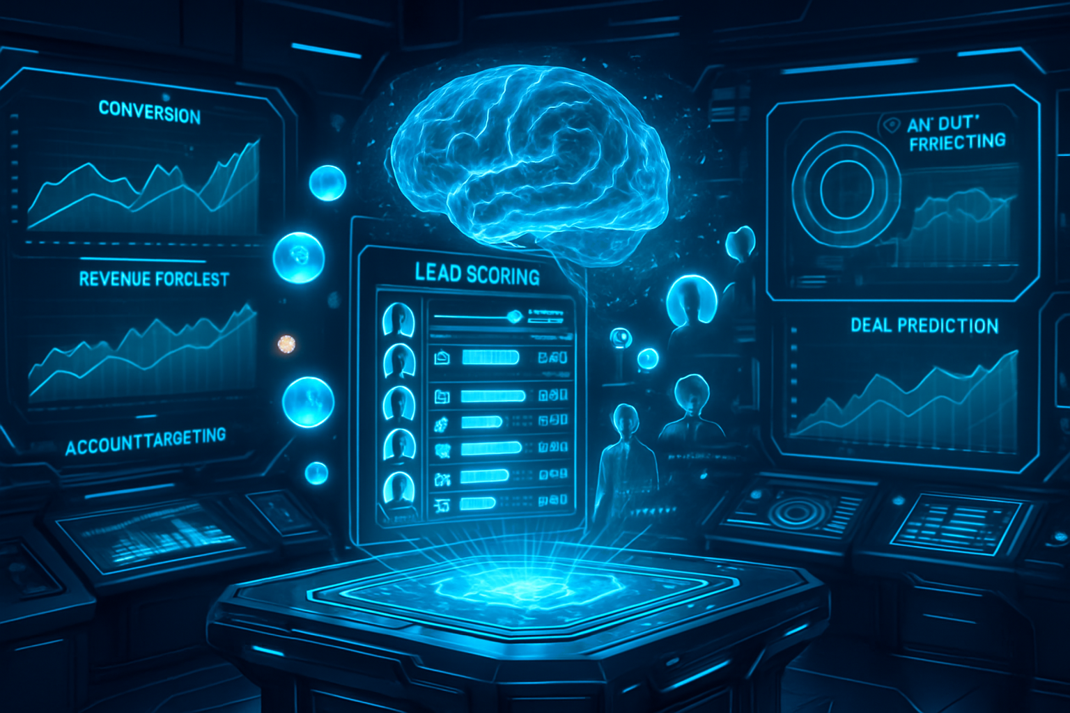 A glowing digital brain floats above a futuristic console in a dark room with holographic screens displaying charts, graphs, and terms like "Lead Scoring" and "Deal Prediction." Silhouettes of two people stand amid floating interface elements.