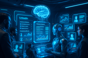 A futuristic office with humans and a humanoid robot examining glowing blue digital LinkedIn profiles and charts. A holographic brain floats above a central screen. All display screens show graphs, user photos, and information, creating a high-tech, collaborative atmosphere.