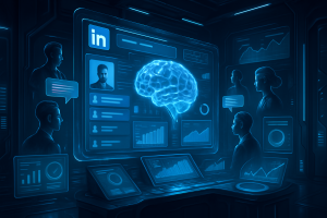 A futuristic, blue-lit room shows people working at screens with digital graphs. A large holographic brain and LinkedIn profile are displayed, suggesting AI analysis of professional data. Four people interact with data panels, highlighting advanced technology and networking.