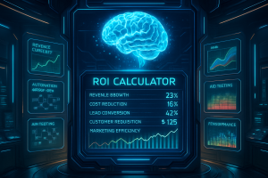 A futuristic digital dashboard displays a glowing brain above "ROI CALCULATOR." Panels show charts and text: Revenue Growth, Cost Reduction 16%, Lead Conversion 42%, Customer Reduction $125, and Marketing Efficiency with upward-trending graphs.