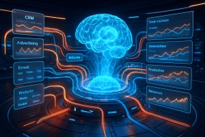 A glowing digital brain floats at the center of a futuristic control room, connected by neon blue wires to holographic screens displaying analytics and graphs labeled CRM, Advertising, Email, Website, Optimization, Overactions, Productive, and Revenue.