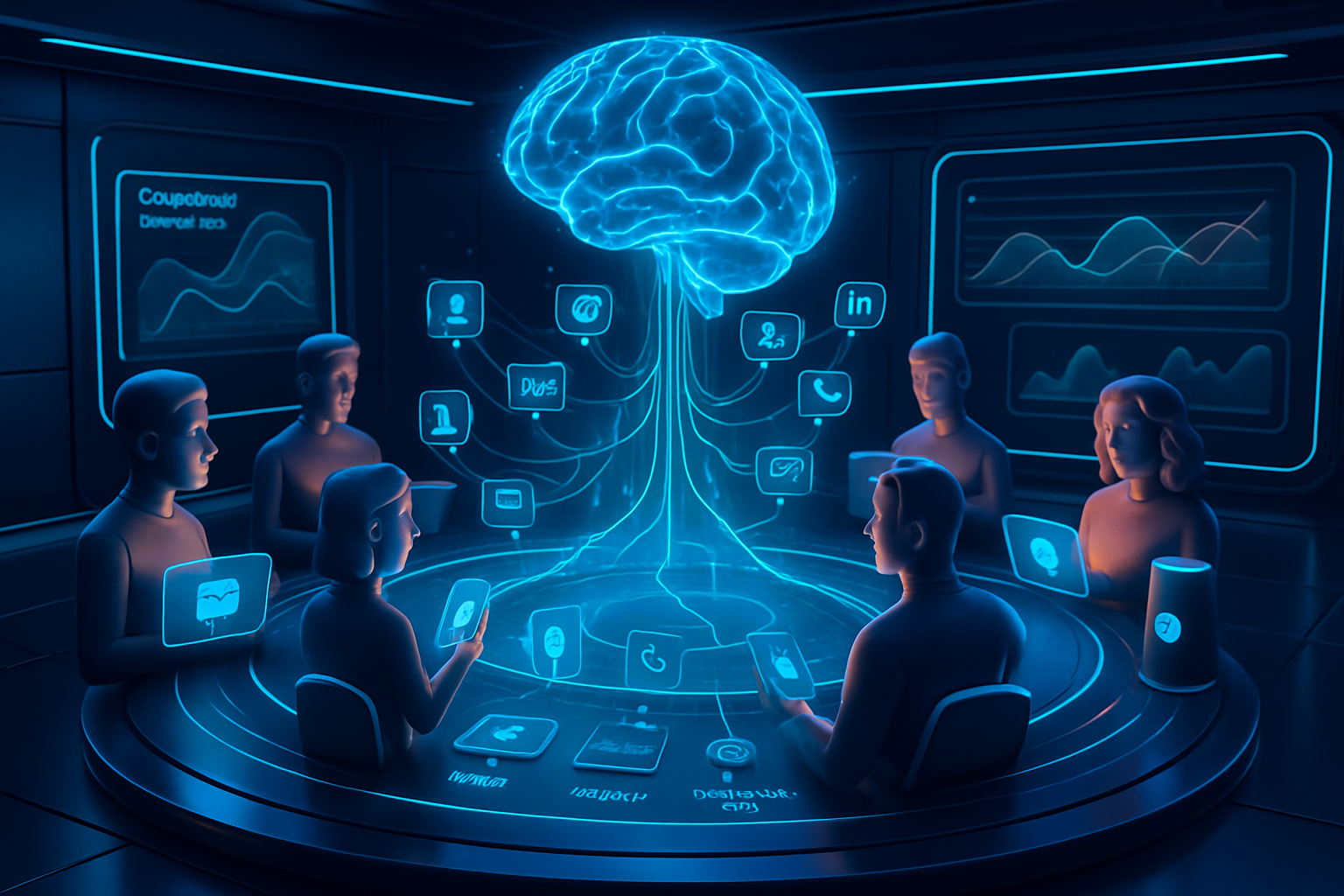 Five people sit around a round table, each using smartphones or tablets. A glowing, holographic brain floats above the table, connected to digital icons. Neon blue lighting and data charts on walls create a futuristic, high-tech atmosphere.