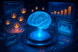 A glowing blue holographic brain hovers above a digital platform, surrounded by virtual screens displaying analytics such as behavior analysis, forecasts, ad placement, and graphs, representing artificial intelligence in marketing and data analysis.