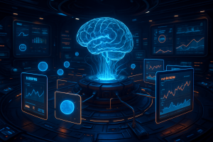 A glowing holographic brain floats in a high-tech control room, surrounded by digital screens displaying charts, graphs, and scientific data. The setting is dark, futuristic, and filled with blue and orange light accents.