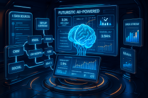 A futuristic, neon-lit control room displays digital screens featuring a glowing brain, analytics charts, and data sources like CRM, email, and social. The interface highlights AI-powered insights, graphs, and performance metrics in a high-tech, blue-toned setting.