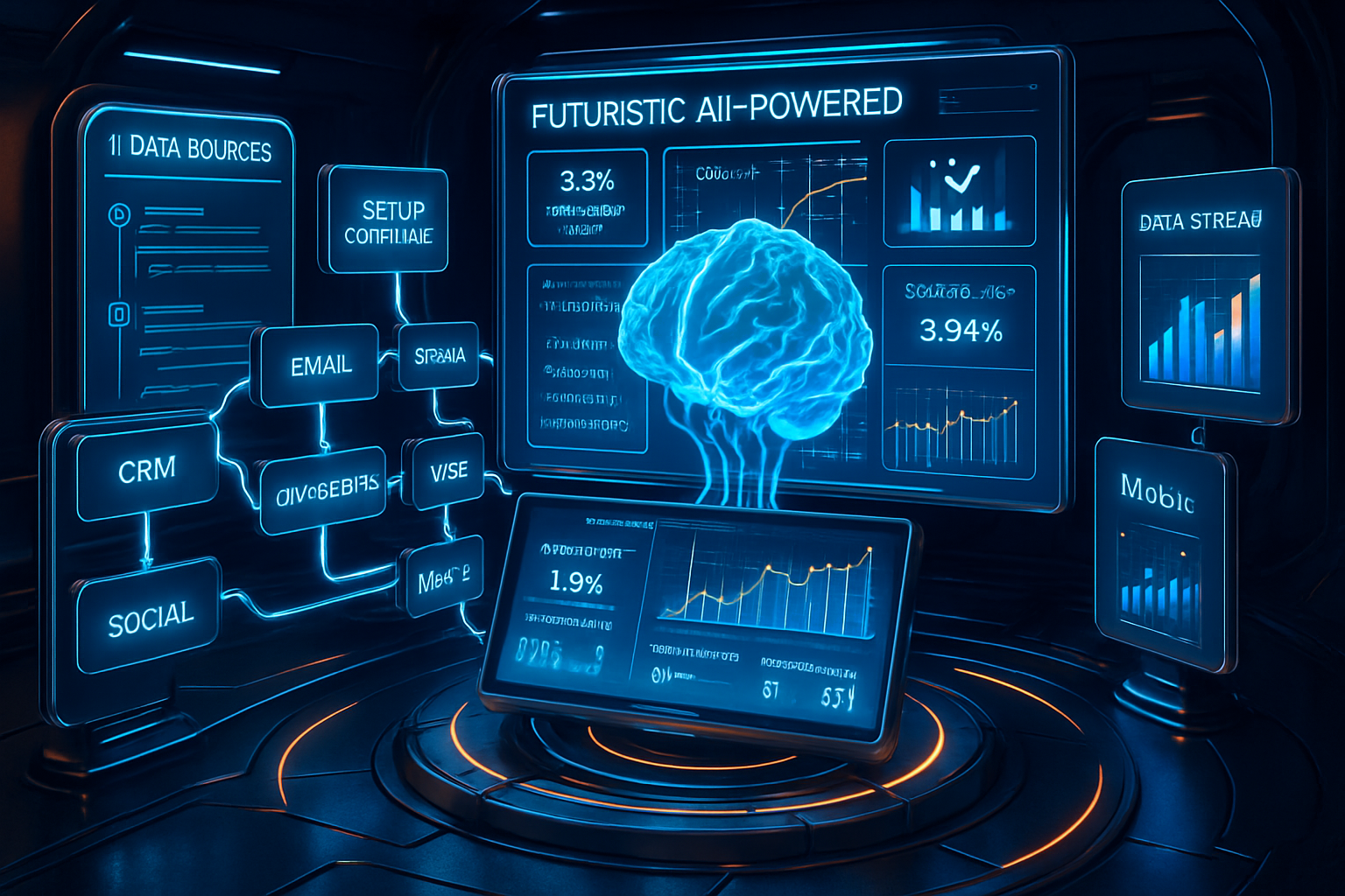 A futuristic, neon-lit control room displays digital screens featuring a glowing brain, analytics charts, and data sources like CRM, email, and social. The interface highlights AI-powered insights, graphs, and performance metrics in a high-tech, blue-toned setting.