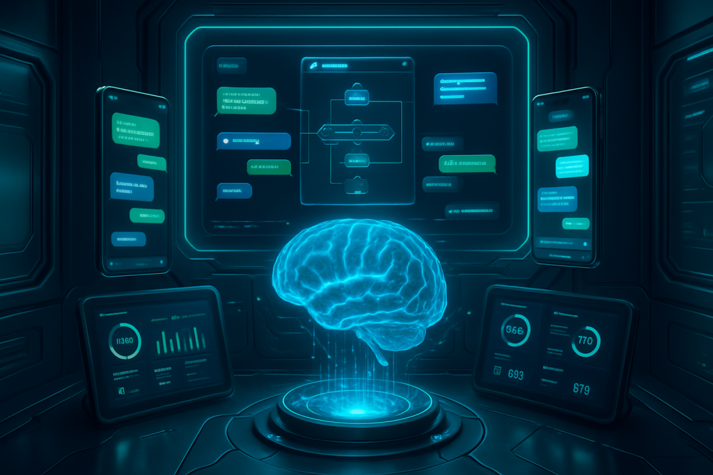 A glowing blue digital brain floats above a platform in a dark, high-tech room, surrounded by screens displaying charts, graphs, data, and chat bubbles, suggesting an advanced artificial intelligence or neural network environment.