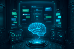 A glowing blue digital brain floats above a platform in a dark, high-tech room, surrounded by screens displaying charts, graphs, data, and chat bubbles, suggesting an advanced artificial intelligence or neural network environment.