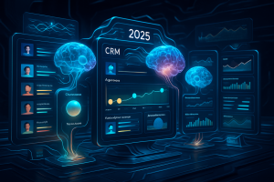 Futuristic digital dashboard for 2025 with glowing blue neural network brains connected to CRM data screens, charts, and user profiles. Data visualizations and AI elements emphasize advanced technology and analytics in a dark, high-tech environment.