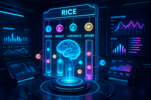 A futuristic digital interface displays the acronym RICE above a glowing brain hologram, with metrics for Reach, Impact, Confidence, and Effort. Colorful graphs and data visualizations appear on screens in the background, highlighting statistical analysis.